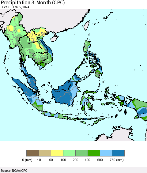 South East Asia Precipitation 3-Month (CPC) Thematic Map For 10/6/2023 - 1/5/2024