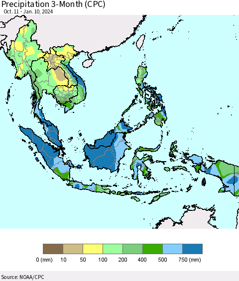 South East Asia Precipitation 3-Month (CPC) Thematic Map For 10/11/2023 - 1/10/2024