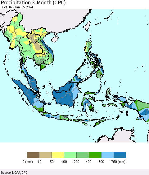 South East Asia Precipitation 3-Month (CPC) Thematic Map For 10/16/2023 - 1/15/2024