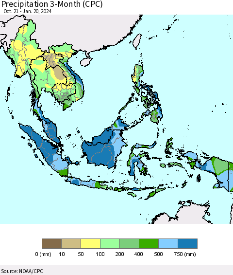 South East Asia Precipitation 3-Month (CPC) Thematic Map For 10/21/2023 - 1/20/2024