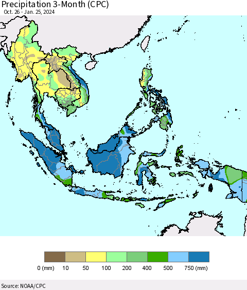 South East Asia Precipitation 3-Month (CPC) Thematic Map For 10/26/2023 - 1/25/2024