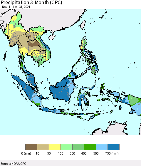 South East Asia Precipitation 3-Month (CPC) Thematic Map For 11/1/2023 - 1/31/2024