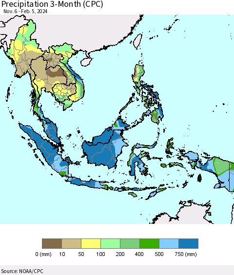 South East Asia Precipitation 3-Month (CPC) Thematic Map For 11/6/2023 - 2/5/2024