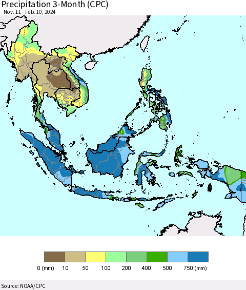 South East Asia Precipitation 3-Month (CPC) Thematic Map For 11/11/2023 - 2/10/2024