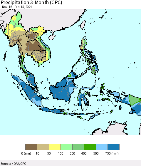 South East Asia Precipitation 3-Month (CPC) Thematic Map For 11/16/2023 - 2/15/2024