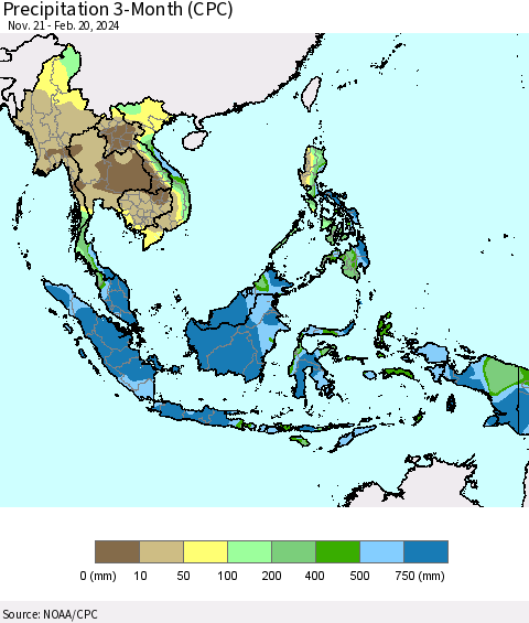 South East Asia Precipitation 3-Month (CPC) Thematic Map For 11/21/2023 - 2/20/2024