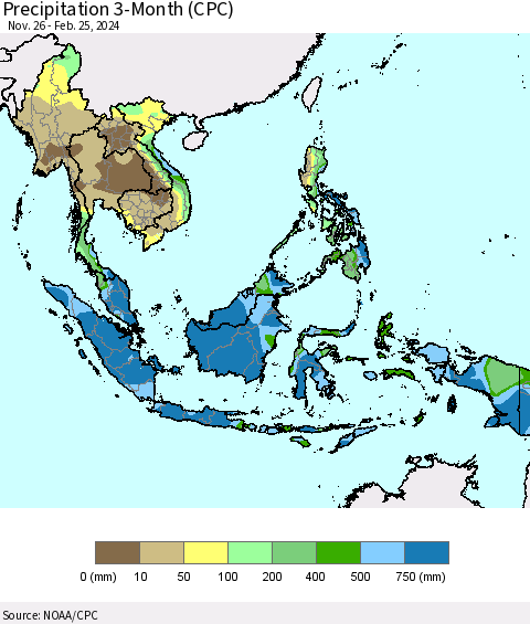 South East Asia Precipitation 3-Month (CPC) Thematic Map For 11/26/2023 - 2/25/2024