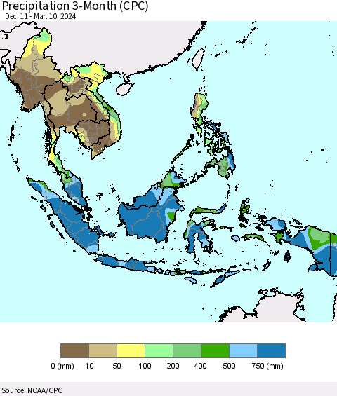 South East Asia Precipitation 3-Month (CPC) Thematic Map For 12/11/2023 - 3/10/2024