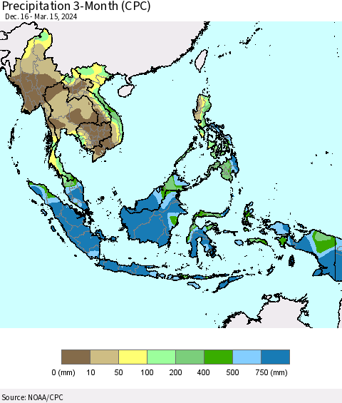 South East Asia Precipitation 3-Month (CPC) Thematic Map For 12/16/2023 - 3/15/2024