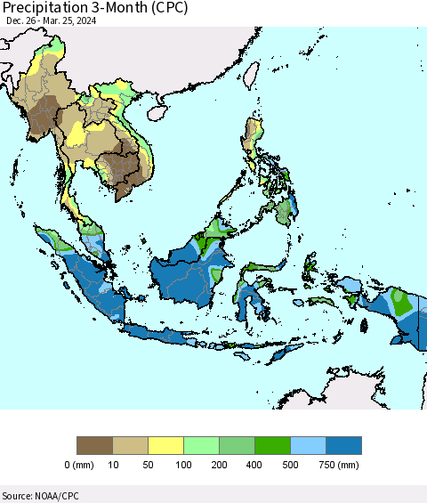 South East Asia Precipitation 3-Month (CPC) Thematic Map For 12/26/2023 - 3/25/2024