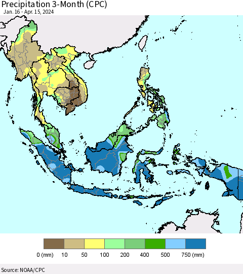 South East Asia Precipitation 3-Month (CPC) Thematic Map For 1/16/2024 - 4/15/2024