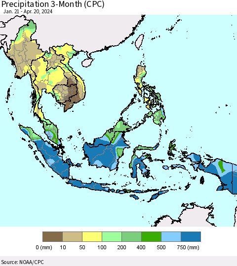 South East Asia Precipitation 3-Month (CPC) Thematic Map For 1/21/2024 - 4/20/2024