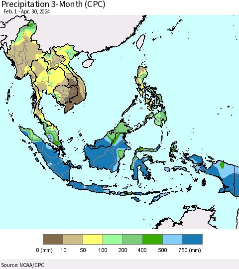 South East Asia Precipitation 3-Month (CPC) Thematic Map For 2/1/2024 - 4/30/2024