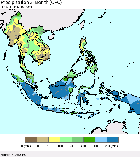 South East Asia Precipitation 3-Month (CPC) Thematic Map For 2/11/2024 - 5/10/2024