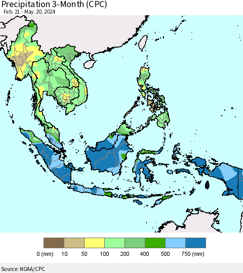 South East Asia Precipitation 3-Month (CPC) Thematic Map For 2/21/2024 - 5/20/2024
