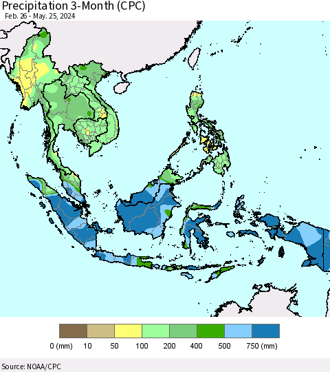 South East Asia Precipitation 3-Month (CPC) Thematic Map For 2/26/2024 - 5/25/2024
