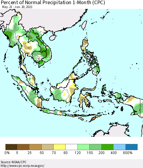 South East Asia Percent of Normal Precipitation 1-Month (CPC) Thematic Map For 5/21/2021 - 6/20/2021
