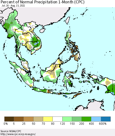 South East Asia Percent of Normal Precipitation 1-Month (CPC) Thematic Map For 7/16/2021 - 8/15/2021