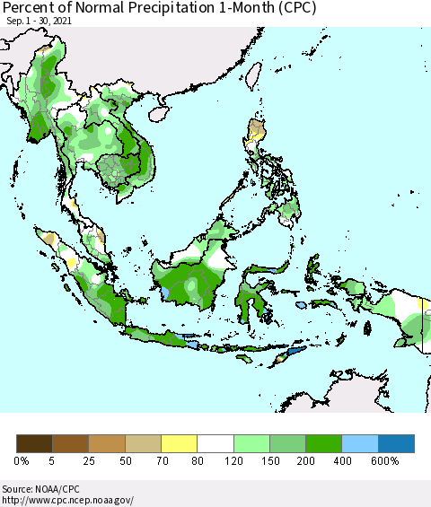South East Asia Percent of Normal Precipitation 1-Month (CPC) Thematic Map For 9/1/2021 - 9/30/2021