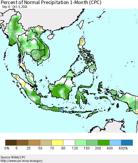 South East Asia Percent of Normal Precipitation 1-Month (CPC) Thematic Map For 9/6/2021 - 10/5/2021