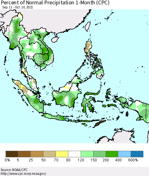 South East Asia Percent of Normal Precipitation 1-Month (CPC) Thematic Map For 9/11/2021 - 10/10/2021