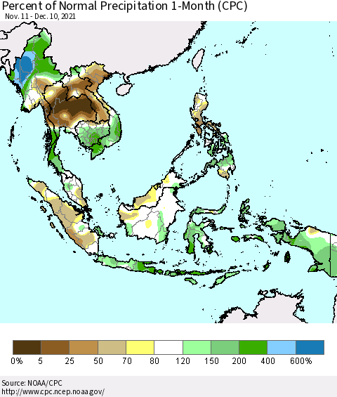 South East Asia Percent of Normal Precipitation 1-Month (CPC) Thematic Map For 11/11/2021 - 12/10/2021