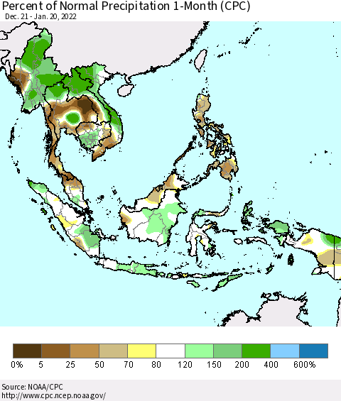 South East Asia Percent of Normal Precipitation 1-Month (CPC) Thematic Map For 12/21/2021 - 1/20/2022