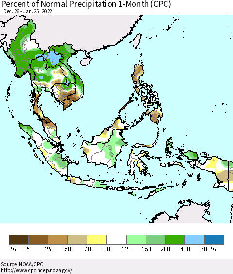 South East Asia Percent of Normal Precipitation 1-Month (CPC) Thematic Map For 12/26/2021 - 1/25/2022