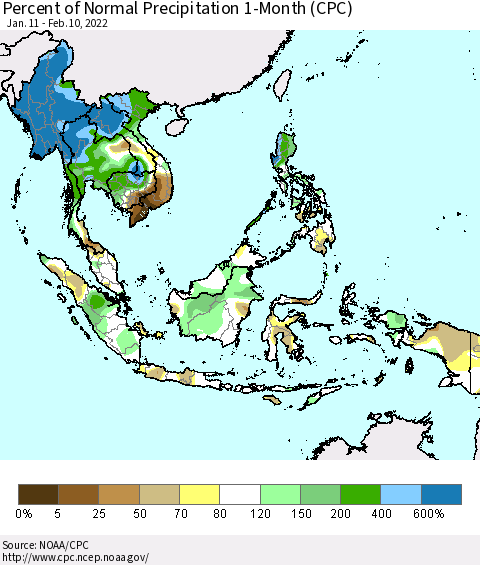South East Asia Percent of Normal Precipitation 1-Month (CPC) Thematic Map For 1/11/2022 - 2/10/2022