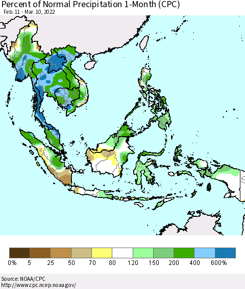 South East Asia Percent of Normal Precipitation 1-Month (CPC) Thematic Map For 2/11/2022 - 3/10/2022