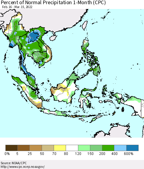 South East Asia Percent of Normal Precipitation 1-Month (CPC) Thematic Map For 2/16/2022 - 3/15/2022