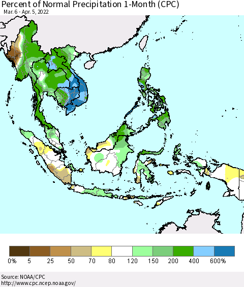 South East Asia Percent of Normal Precipitation 1-Month (CPC) Thematic Map For 3/6/2022 - 4/5/2022