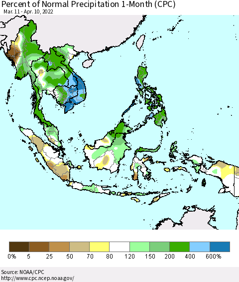 South East Asia Percent of Normal Precipitation 1-Month (CPC) Thematic Map For 3/11/2022 - 4/10/2022