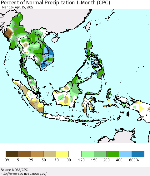 South East Asia Percent of Normal Precipitation 1-Month (CPC) Thematic Map For 3/16/2022 - 4/15/2022