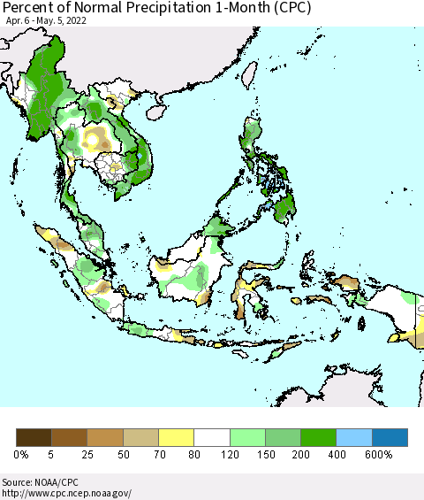 South East Asia Percent of Normal Precipitation 1-Month (CPC) Thematic Map For 4/6/2022 - 5/5/2022