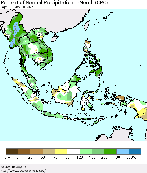 South East Asia Percent of Normal Precipitation 1-Month (CPC) Thematic Map For 4/11/2022 - 5/10/2022