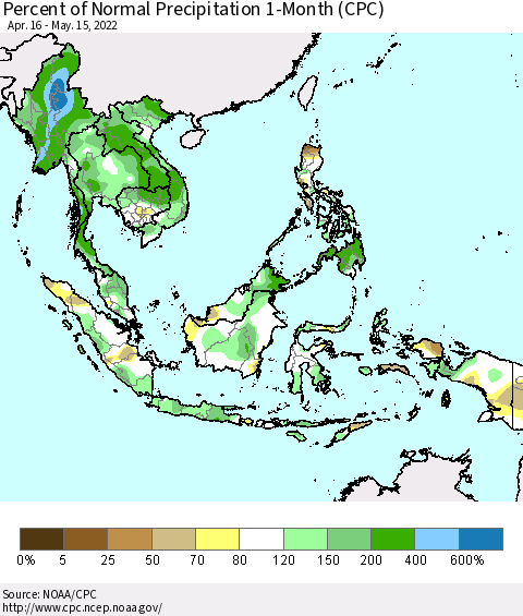 South East Asia Percent of Normal Precipitation 1-Month (CPC) Thematic Map For 4/16/2022 - 5/15/2022