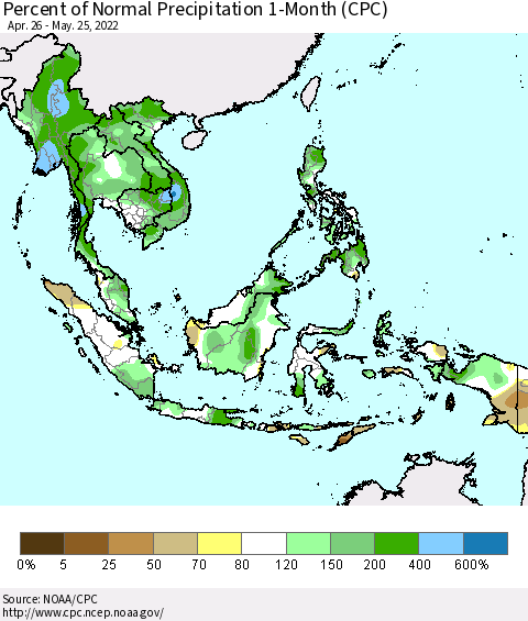 South East Asia Percent of Normal Precipitation 1-Month (CPC) Thematic Map For 4/26/2022 - 5/25/2022