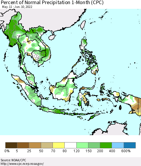South East Asia Percent of Normal Precipitation 1-Month (CPC) Thematic Map For 5/11/2022 - 6/10/2022