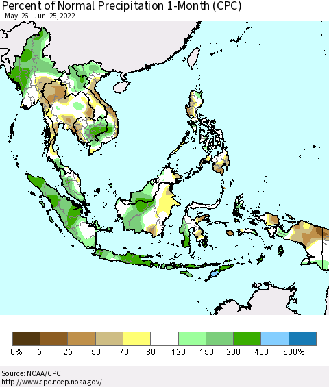 South East Asia Percent of Normal Precipitation 1-Month (CPC) Thematic Map For 5/26/2022 - 6/25/2022