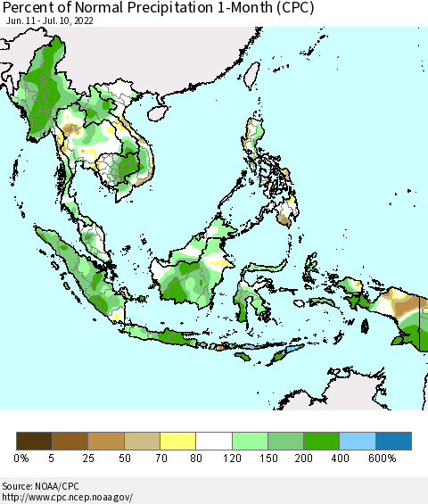 South East Asia Percent of Normal Precipitation 1-Month (CPC) Thematic Map For 6/11/2022 - 7/10/2022