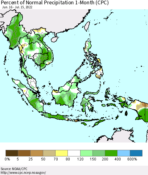 South East Asia Percent of Normal Precipitation 1-Month (CPC) Thematic Map For 6/16/2022 - 7/15/2022