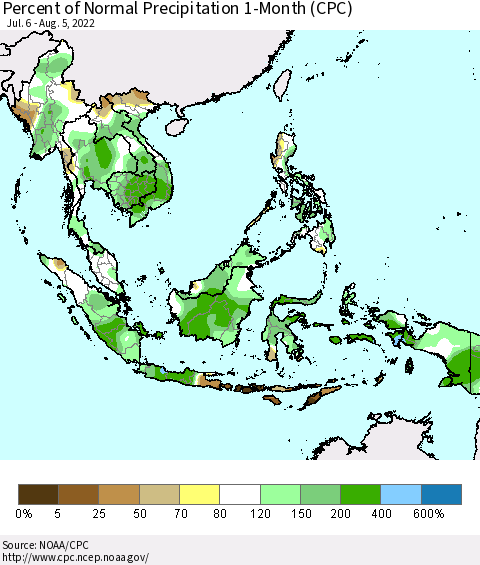 South East Asia Percent of Normal Precipitation 1-Month (CPC) Thematic Map For 7/6/2022 - 8/5/2022