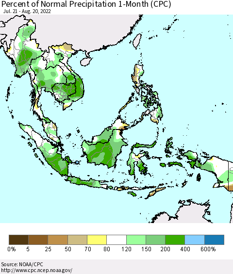 South East Asia Percent of Normal Precipitation 1-Month (CPC) Thematic Map For 7/21/2022 - 8/20/2022