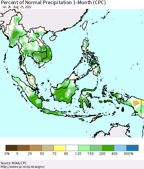 South East Asia Percent of Normal Precipitation 1-Month (CPC) Thematic Map For 7/26/2022 - 8/25/2022