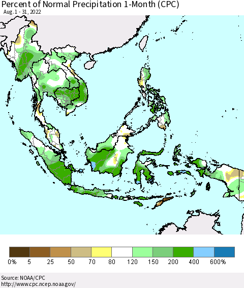 South East Asia Percent of Normal Precipitation 1-Month (CPC) Thematic Map For 8/1/2022 - 8/31/2022