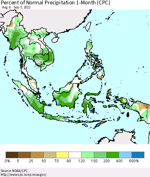South East Asia Percent of Normal Precipitation 1-Month (CPC) Thematic Map For 8/6/2022 - 9/5/2022