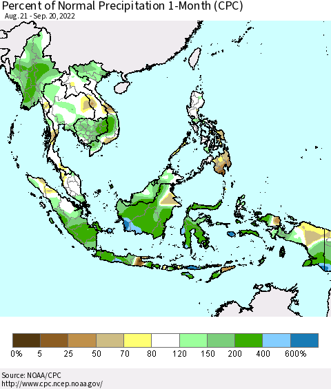 South East Asia Percent of Normal Precipitation 1-Month (CPC) Thematic Map For 8/21/2022 - 9/20/2022