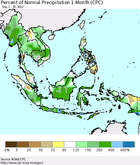 South East Asia Percent of Normal Precipitation 1-Month (CPC) Thematic Map For 9/1/2022 - 9/30/2022