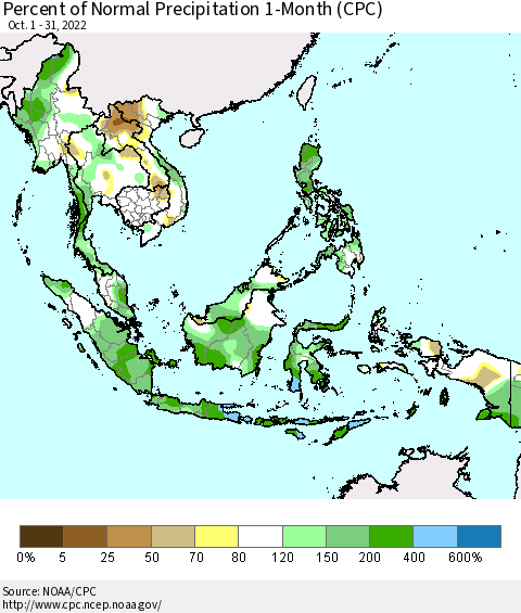 South East Asia Percent of Normal Precipitation 1-Month (CPC) Thematic Map For 10/1/2022 - 10/31/2022